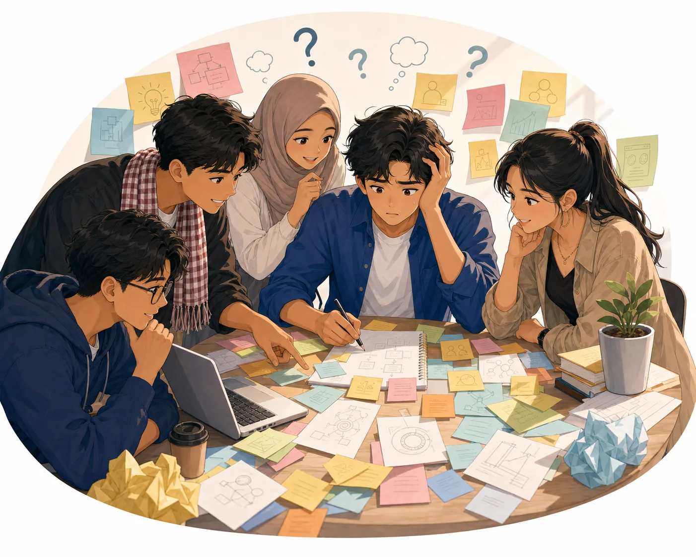 Student surrounded by messy startup notes and questions